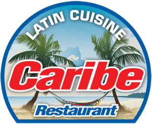 Caribe Restaurant logo: palm trees, hammock, beach scene, and red