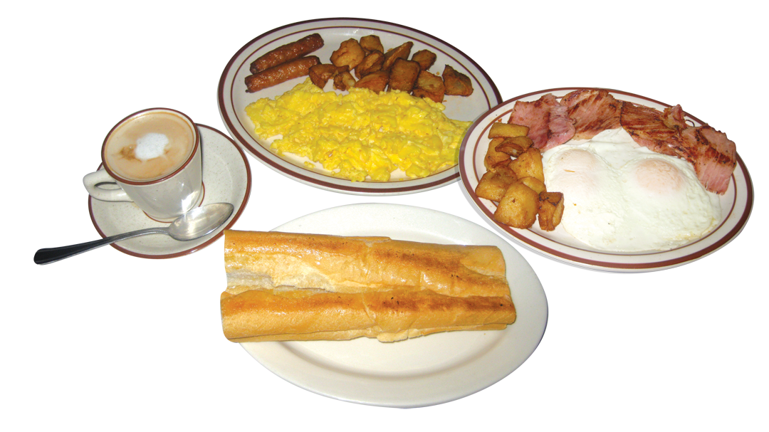 Breakfast spread: scrambled eggs, sausage, potatoes, toast, eggs with bacon, and coffee.