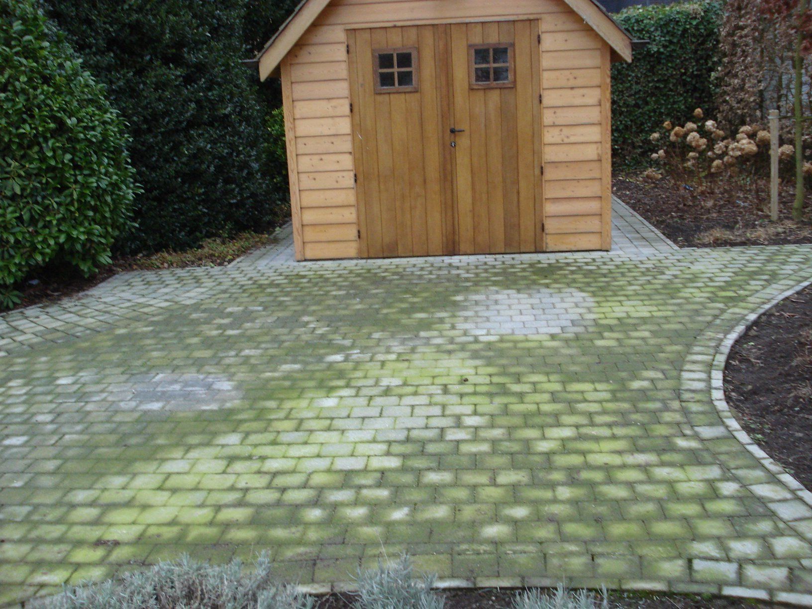 Houten schuur op een oprit met bakstenen bestrating, groen met mos.