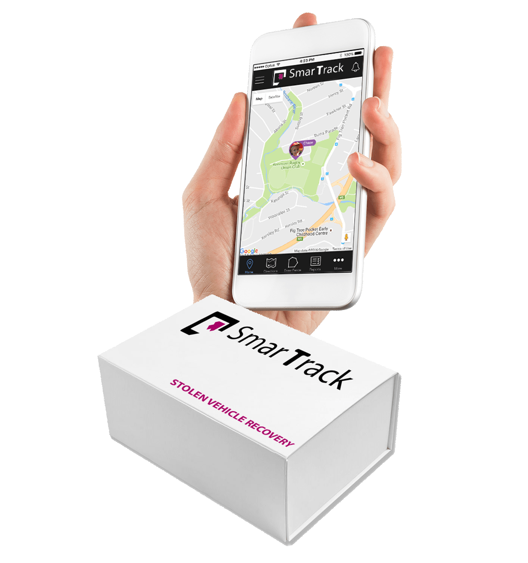 A person is holding a smart phone next to a smart track box.