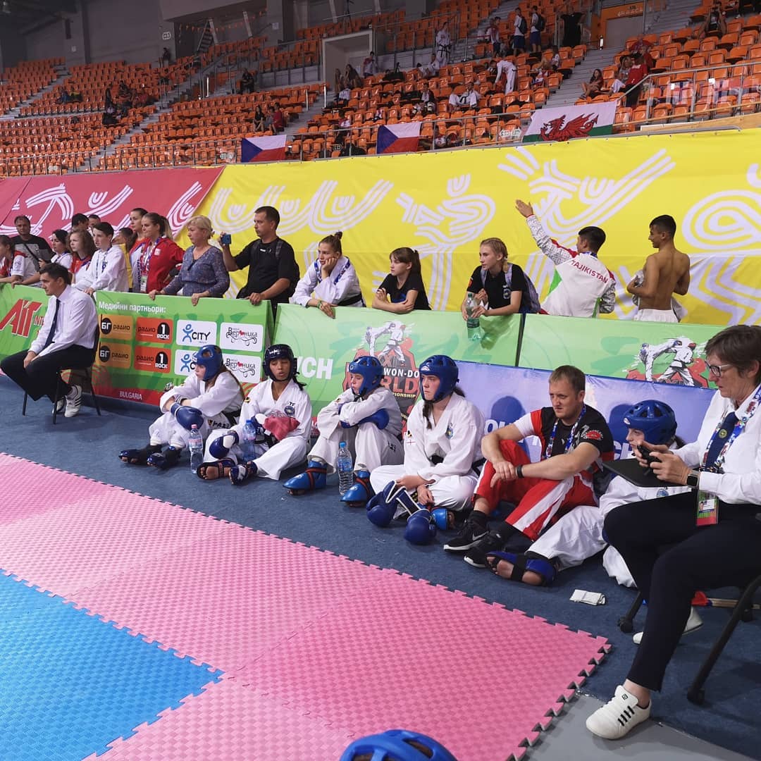 England Junior Females preparing to face Korea in the Team Sparring