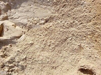 Close-up of beige sandy soil with rough texture and small holes.