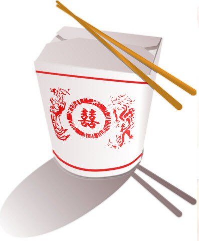 Enjoy Take Out Tonight White Chinese takeout box with chopsticks, red design, and shadow.
