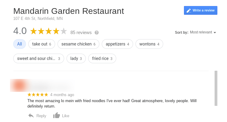 Mandarin Garden Restaurant listing on Google with 4.0 stars and a review.