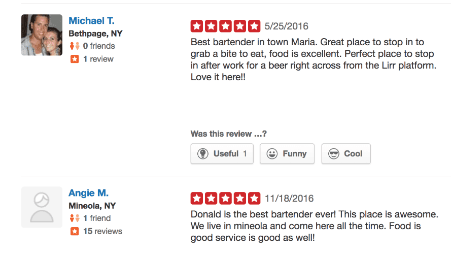 A screenshot of a yelp review for a restaurant