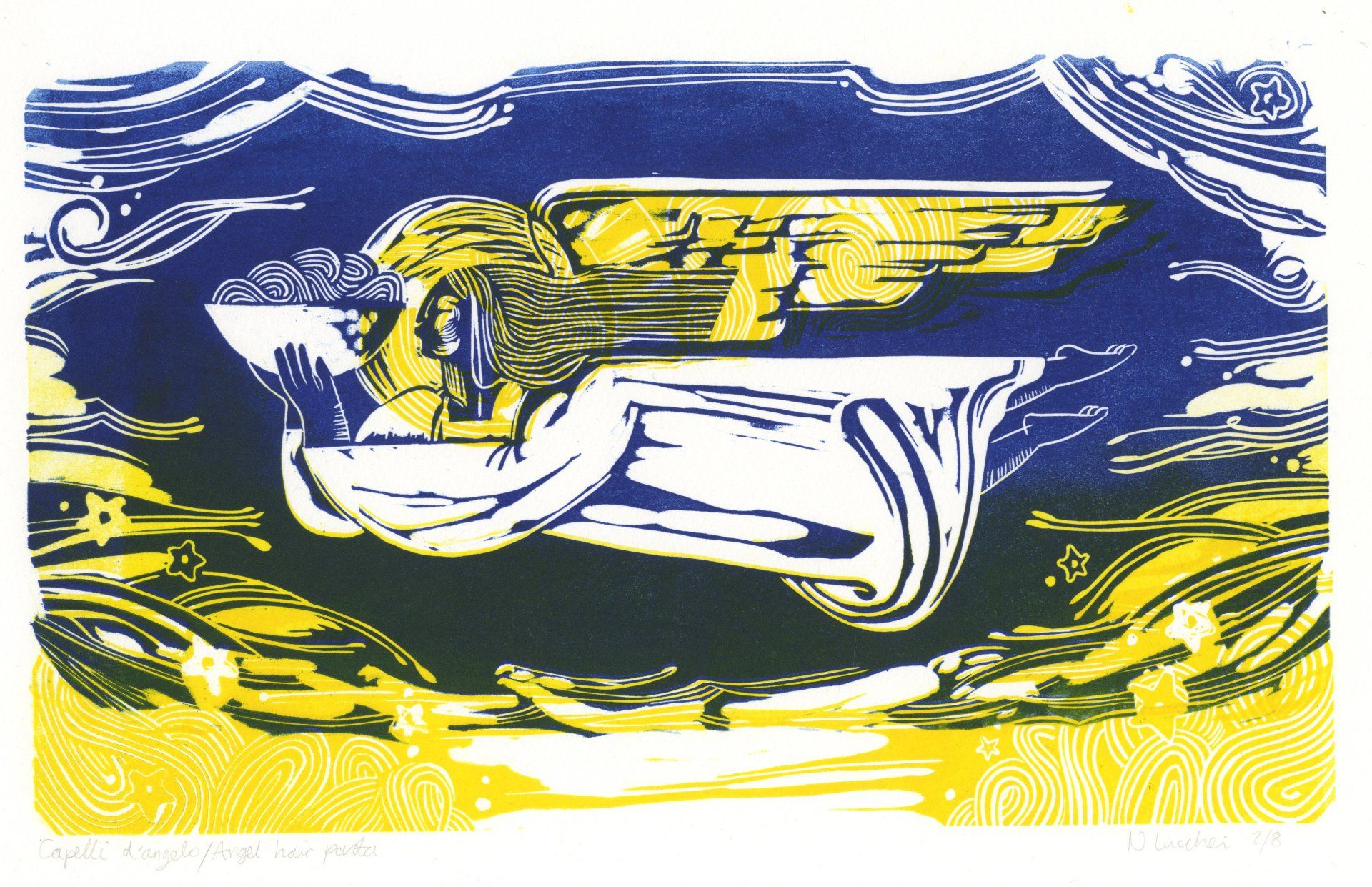 A linocut of an angel in flight, carrying a bowl of pasta