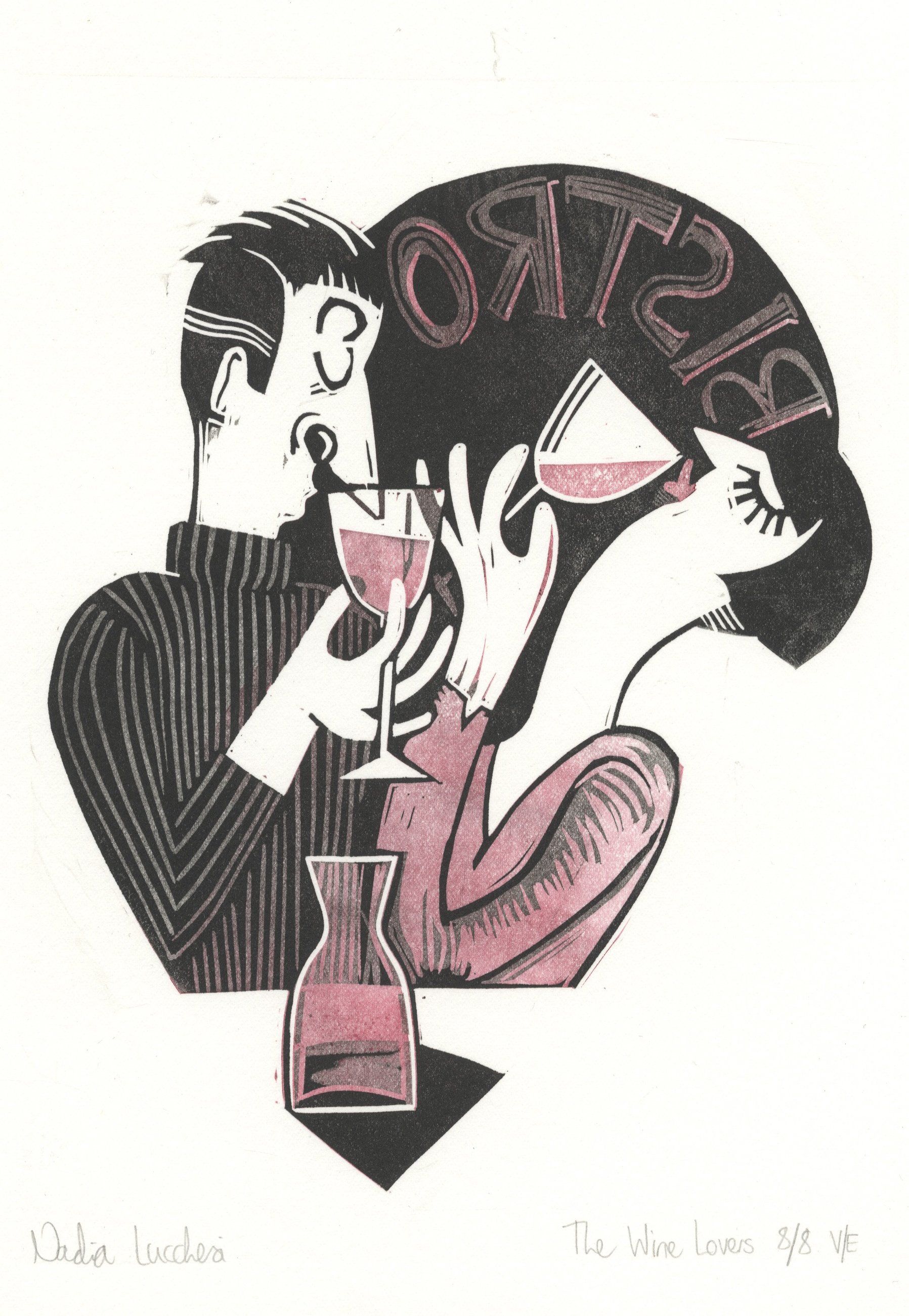 A cosy couple in front of a bistro window share a carafe of wine