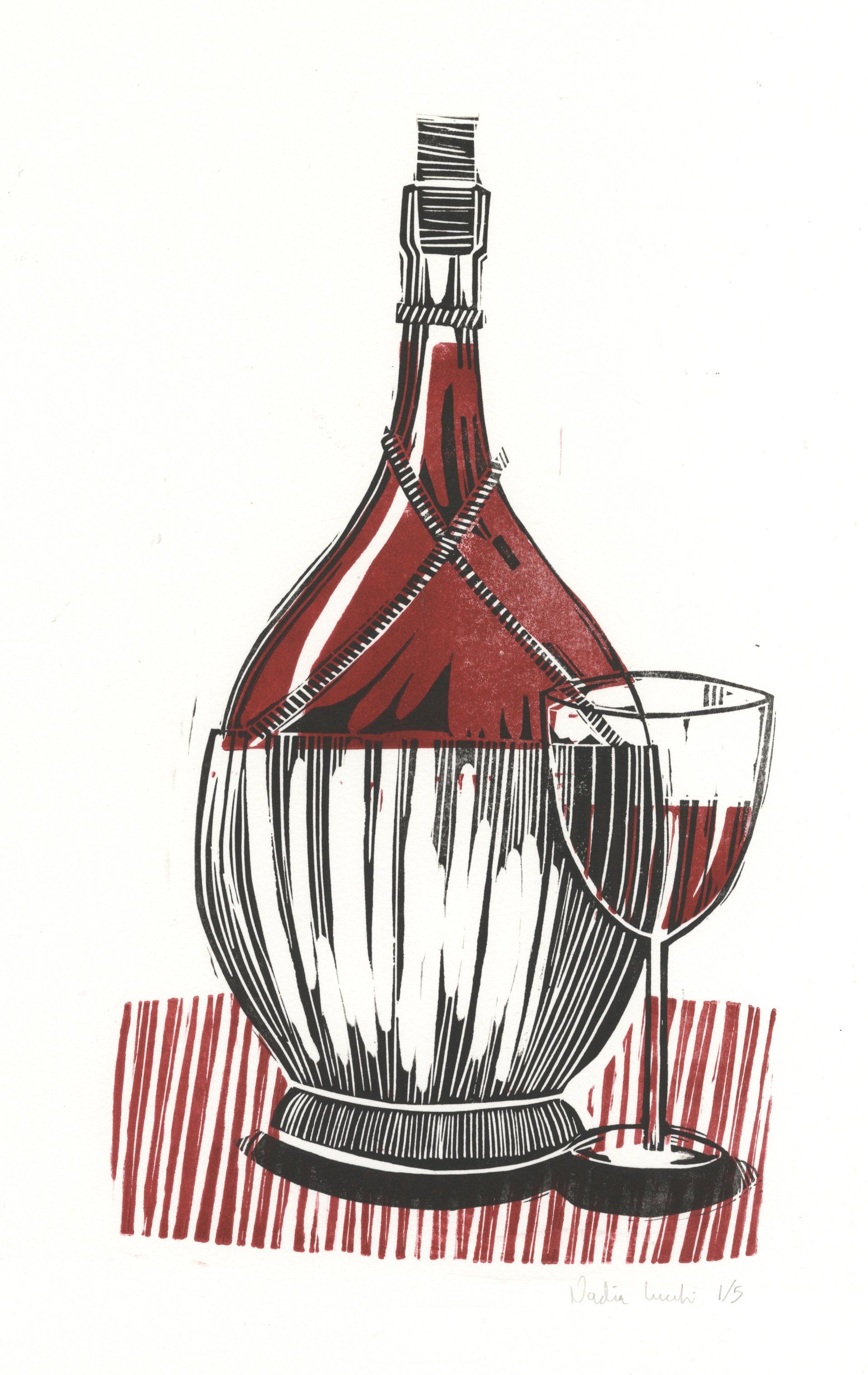A bottle of wine with a traditional basket cover, and a glass of wine