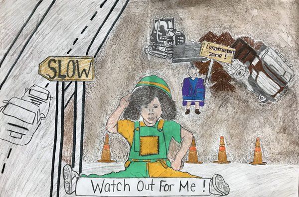 Child in construction gear stands on a road, warning traffic. Construction zone sign, cones, slow sign, and vehicles.
