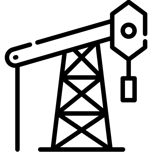 Oil derrick icon, black outline of a pumpjack with a long arm and tower.