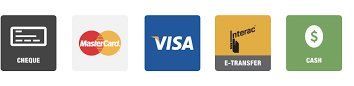 Payment methods: Credit, Mastercard, Visa, E-Transfer, and Cash icons.