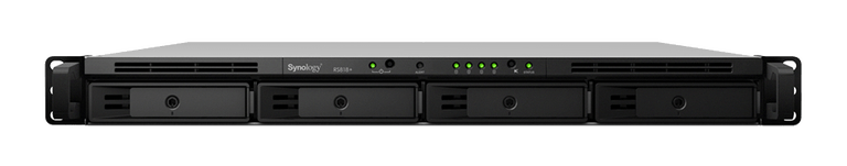 Front view of a black rackmount server with four hot-swap drive bays and status lights