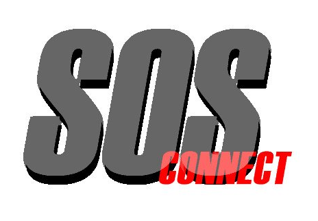 Bold black “SOS” letters with red “CONNECT” text on a white background