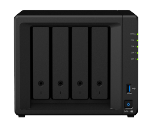 Black 4-bay NAS storage device with front LED indicators and USB port