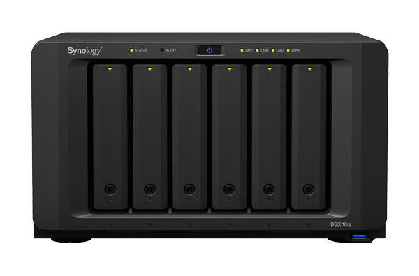 Black six-bay Synology NAS storage device with status lights on the front panel