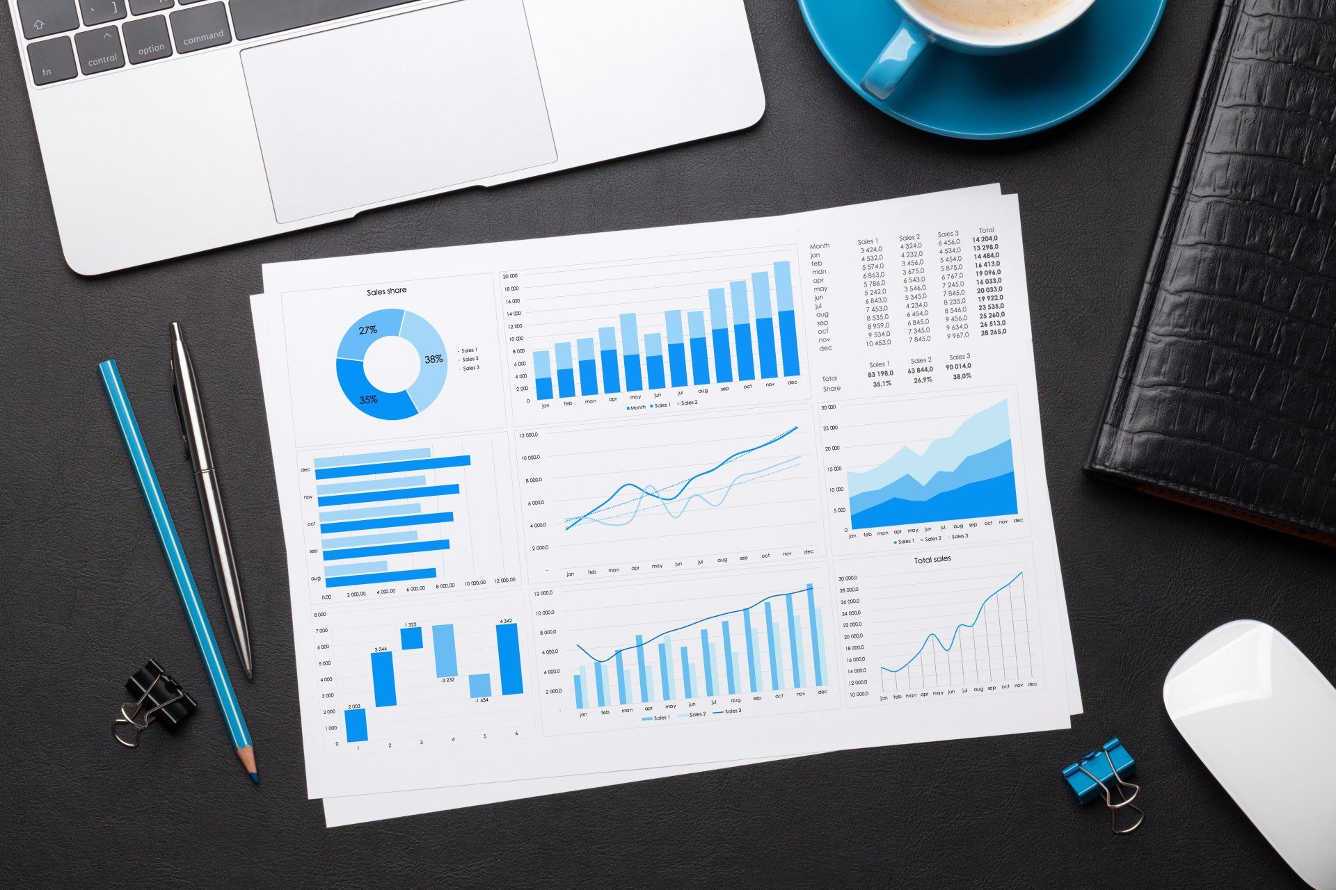Laptop and desk with printed analytics charts, blue graphs, coffee cup, and mouse on a dark workspace