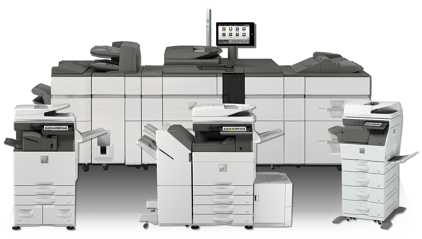 Large office multifunction printers/copiers lined up in a row, including a central machine with a touchscreen display.