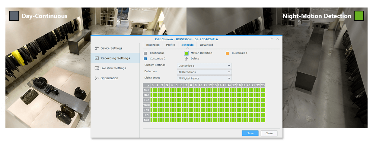 Security camera software showing a floor plan grid with many green cells overlaid on a store view.