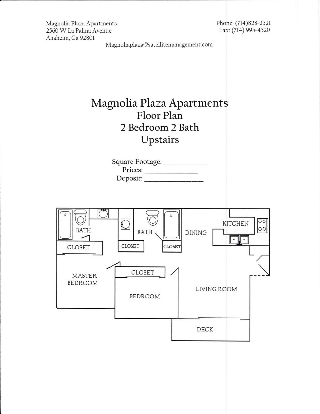 Magnolia Plaza Apartment floorplan example 2 bed 2 bath upstairs