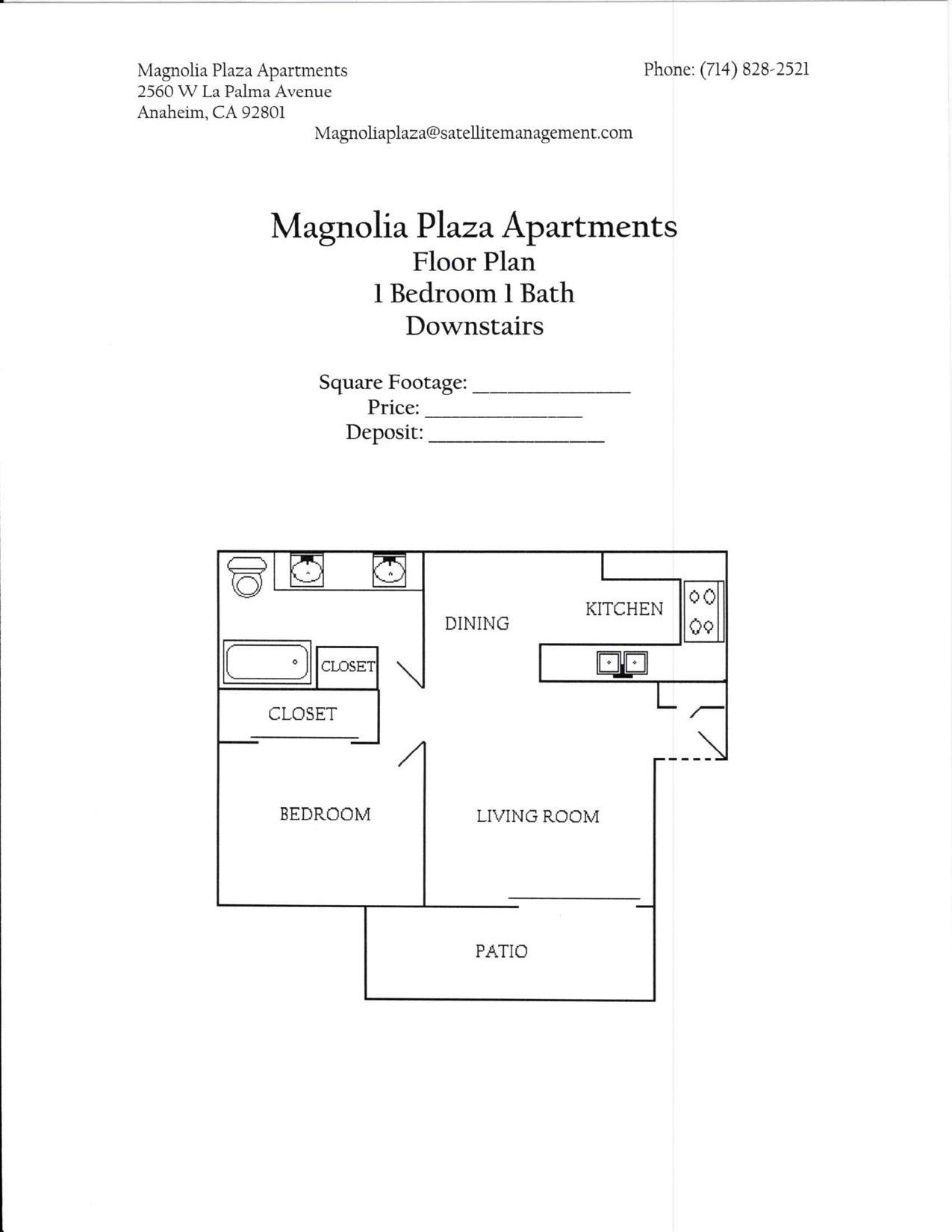 Magnolia Plaza Apartment floorplan example 1 bed 1 bath downstairs
