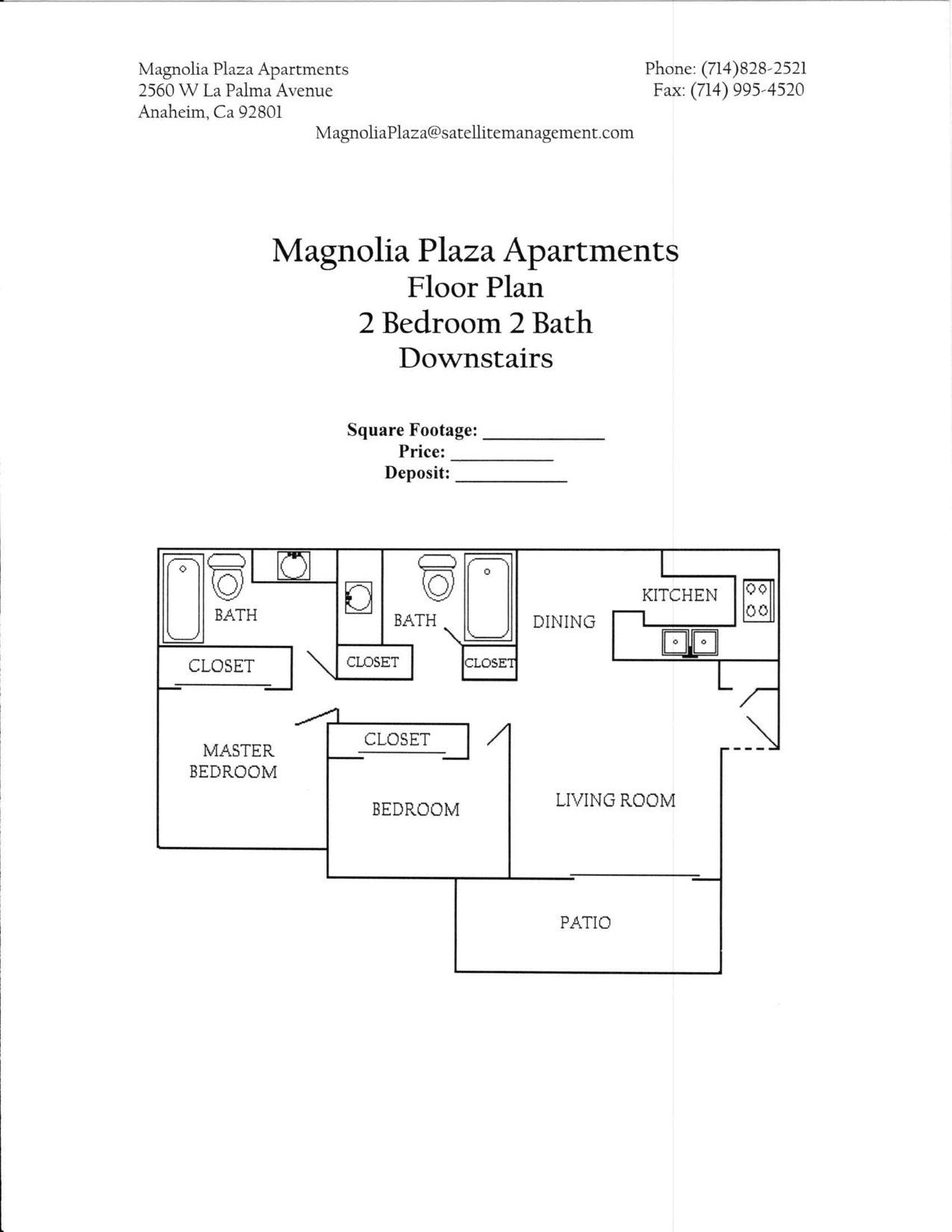 Magnolia Plaza Apartment floorplan example 2 bed 2 bath downstairs