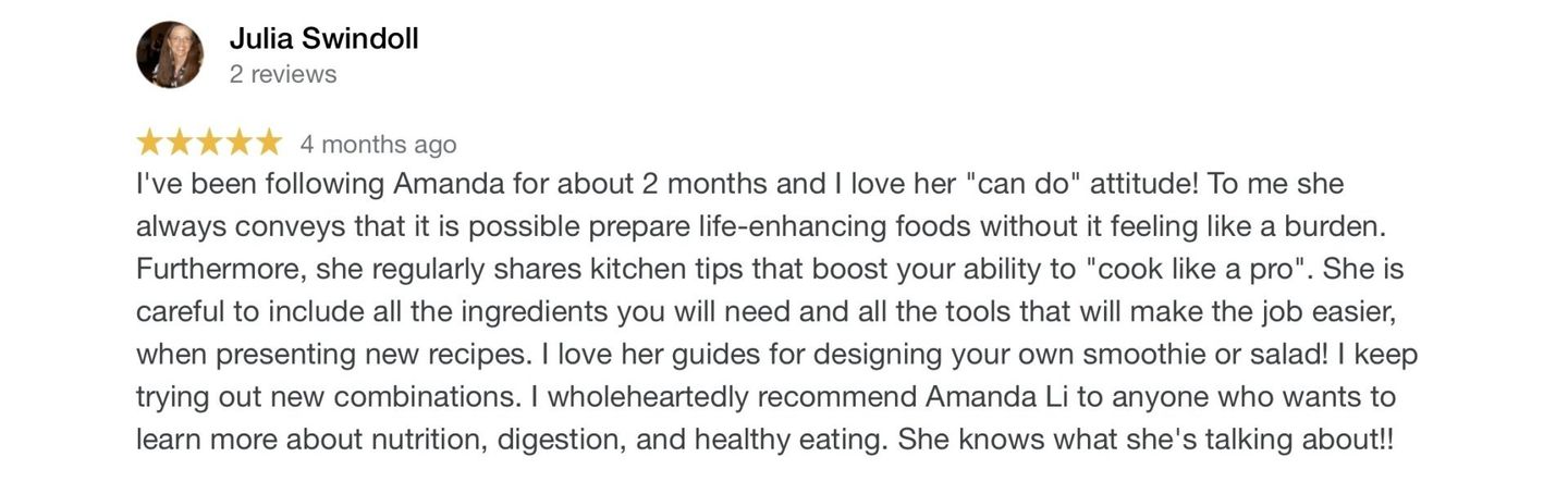 A review from Julla Saindoll with a five-star rating, about a guide on nutrition, digestion, and healthy eating.