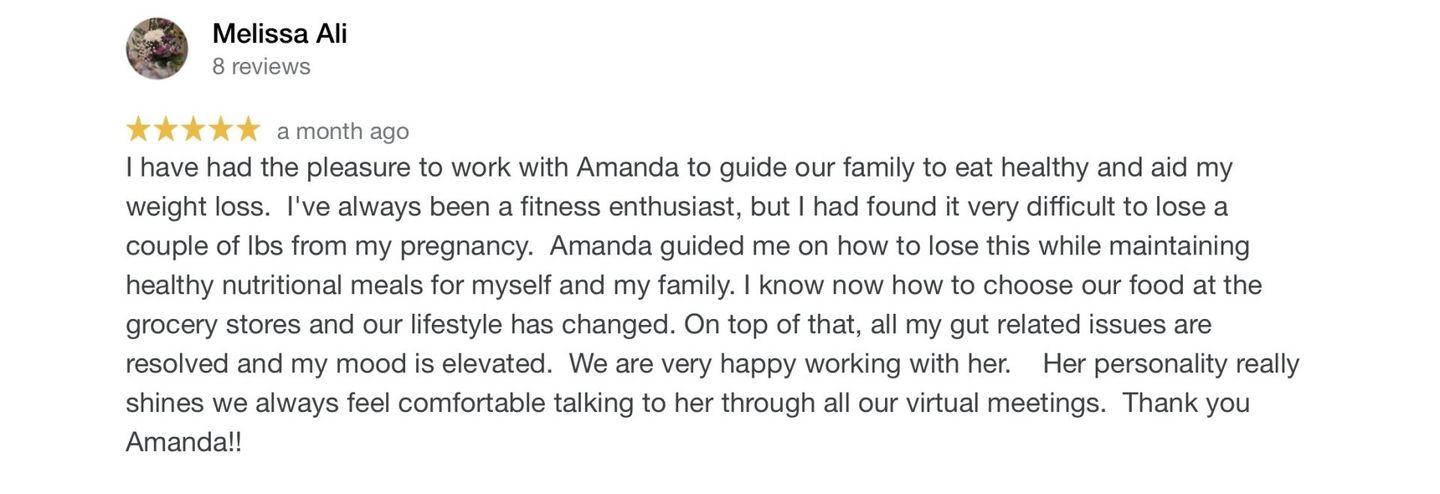 A review of Amanda, a nutritionist, with 5 stars. The reviewer discusses their weight loss and positive life changes.