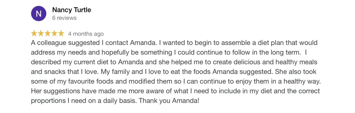 Review by Nancy Tur on Amanda's diet suggestions, including healthy meals and favorite food modifications.