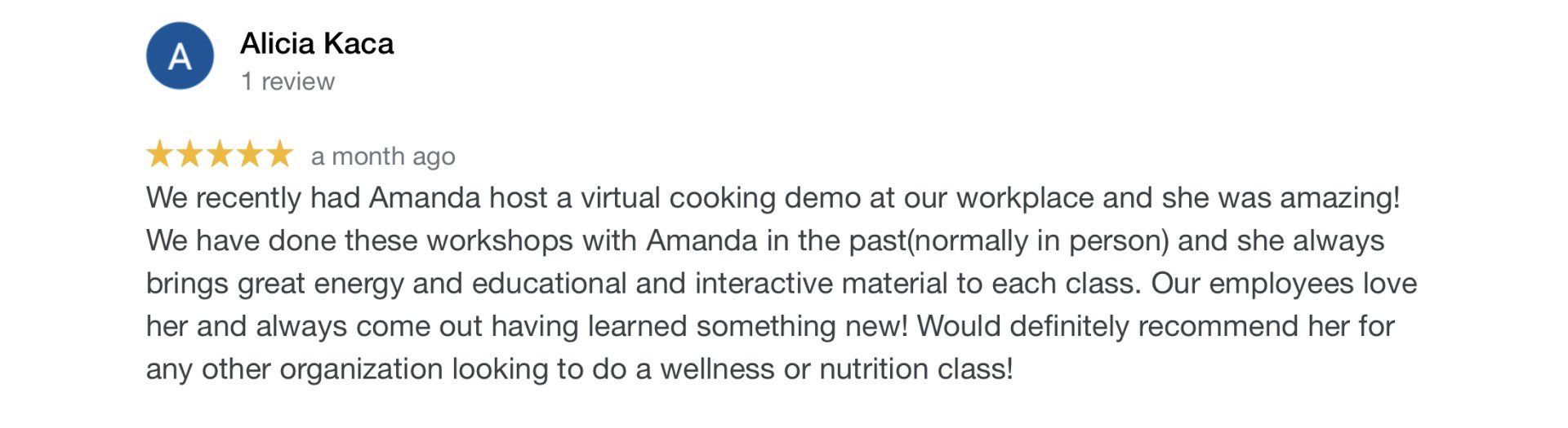 Review of a virtual cooking demo, from Alecle Kocs. Includes stars and text about the experience.
