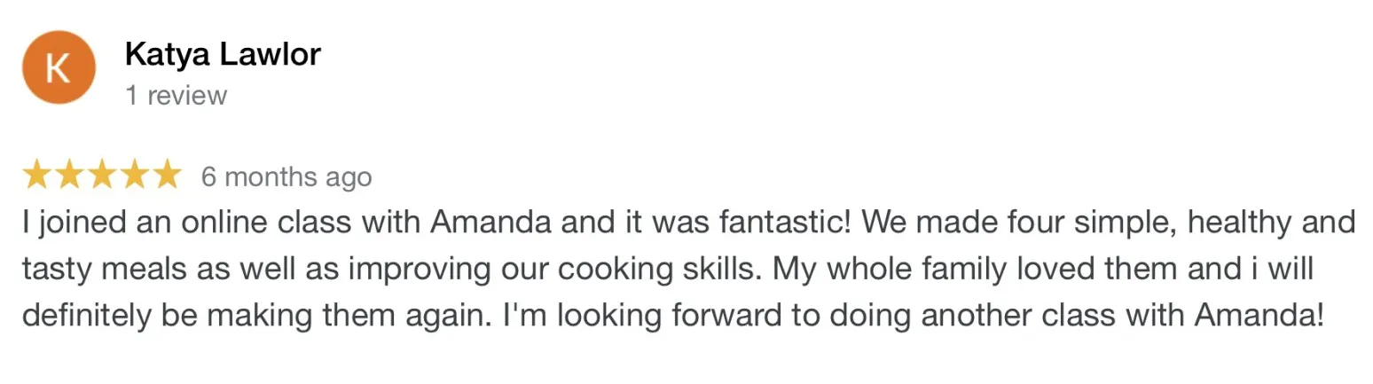 Review of online cooking class by Katyn Lawlor, 5-star rating.