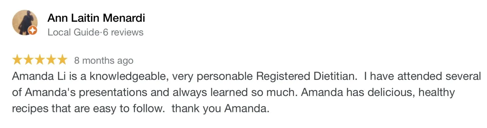 Review of Amanda Li from Ann, describing Amanda as knowledgeable, personable, with delicious, easy recipes.