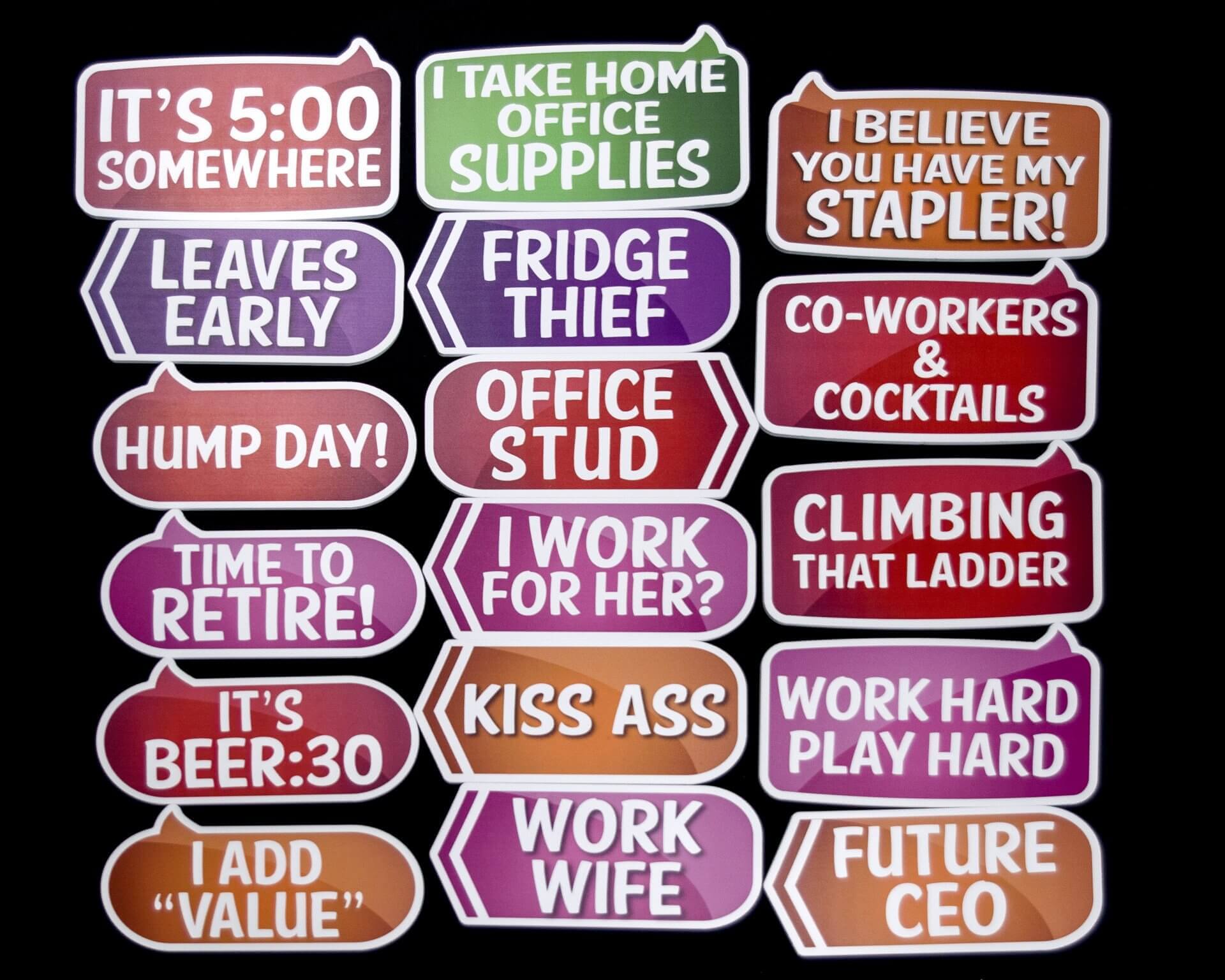 A collection of colorful office-themed speech bubbles with funny phrases like 