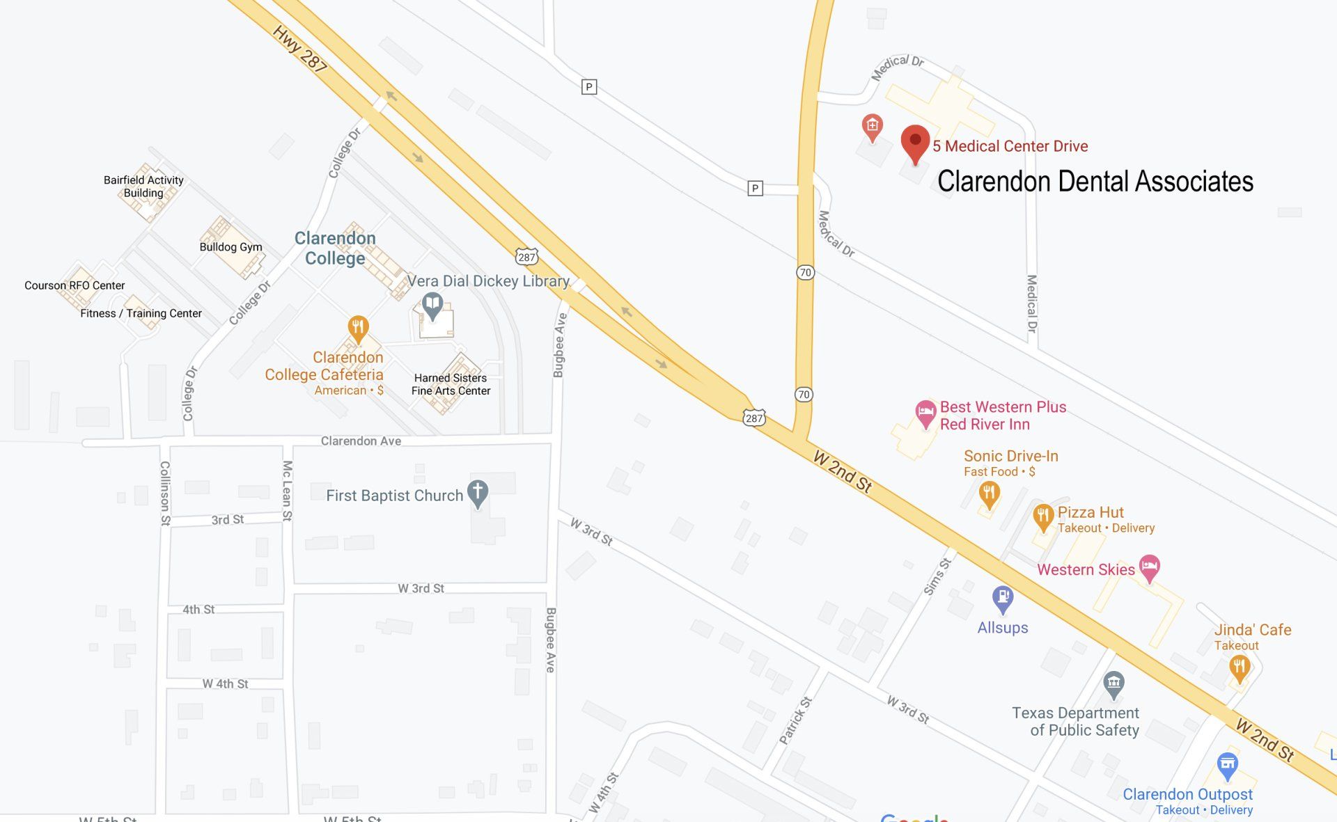 Map of Clarendon, TX showing Clarendon Dental Associates