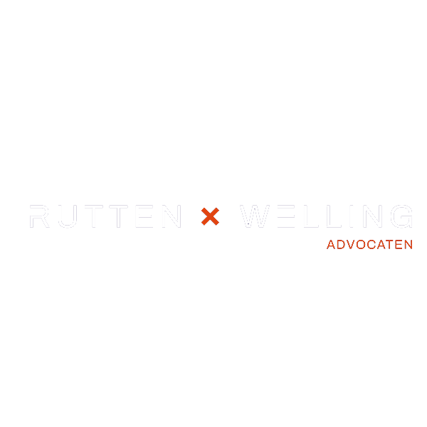 Logo voor Rutten Welling Advocaten met witte tekst en een klein oranje kruisje op een zwarte achtergrond.
