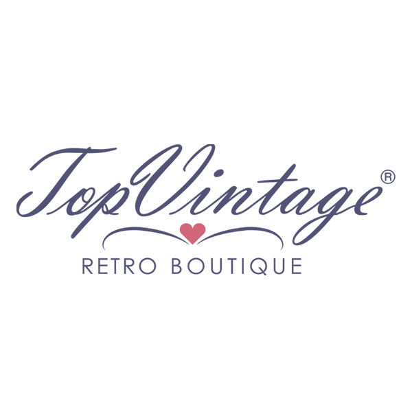 Logo voor TopVintage Retro Boutique met gestileerde tekst in donkerpaars en een klein roze hartje.