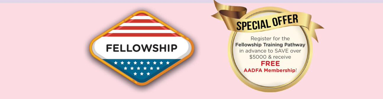 A fellowship badge and a special offer badge on a pink background.