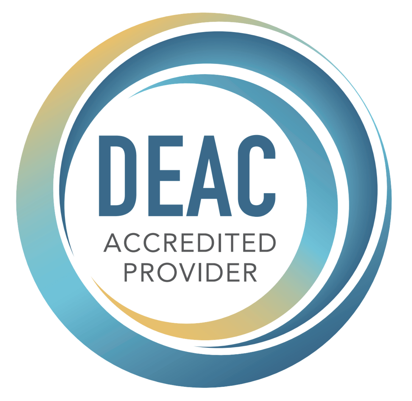 The deac accredited provider logo is a blue and yellow circle.