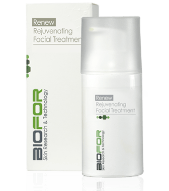 A bottle of biofor rejuvenating facial treatment next to its box