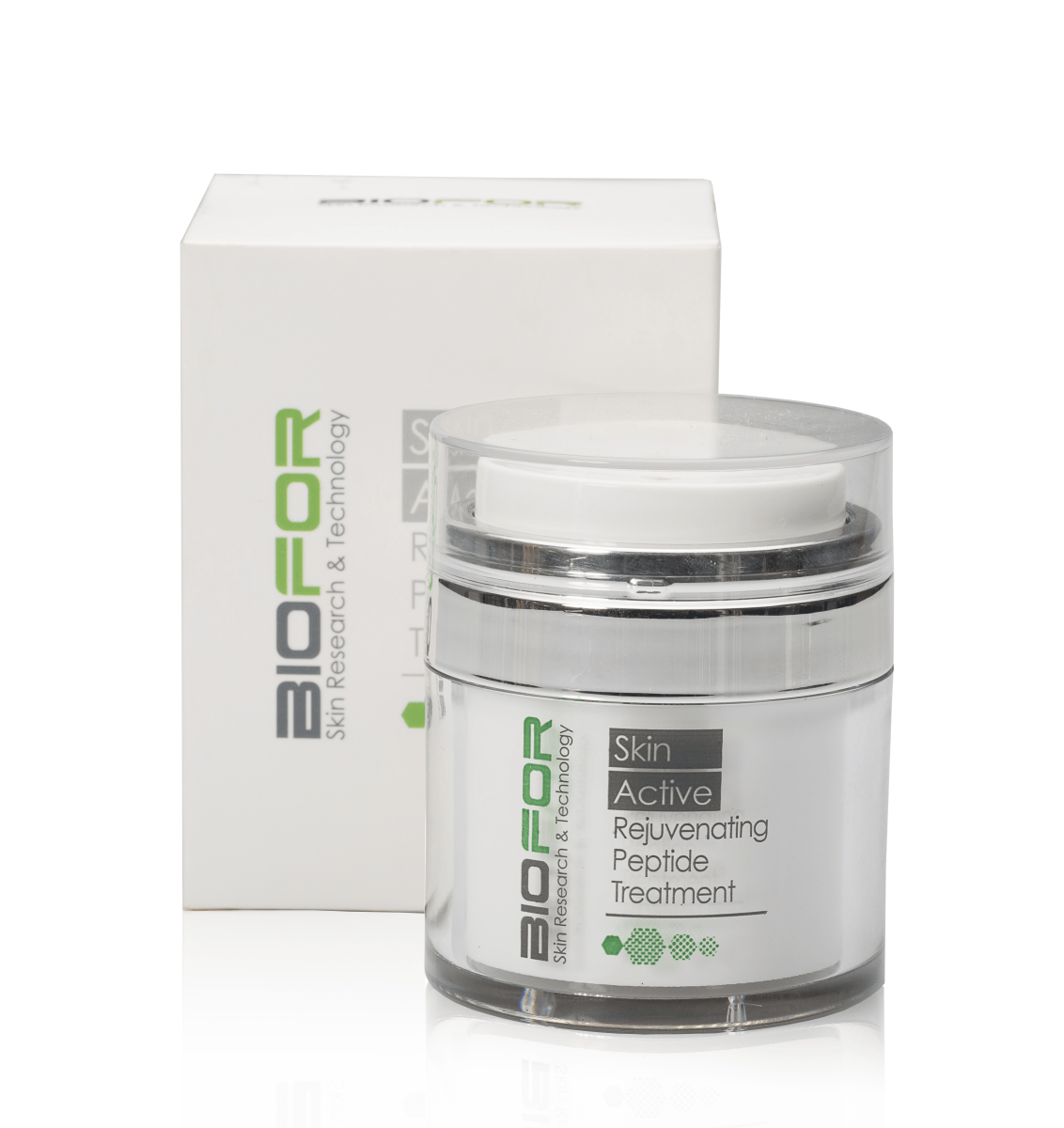 A jar of biofor active rejuvenating peptide treatment is next to a box.