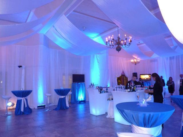 White chiffon drapes with blue wall wash lights