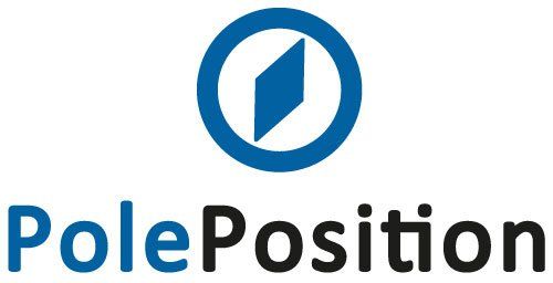 Het pole position-logo heeft een blauwe cirkel met een pijl erin.