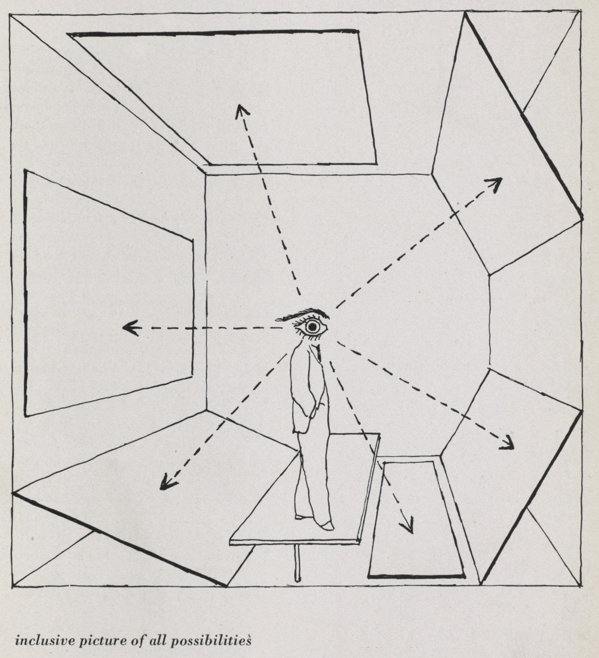Black and white sketch of museum artwork angled from floor to ceiling with an observer whose head is a large eye