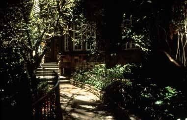A path leading to a house is surrounded by trees at night.