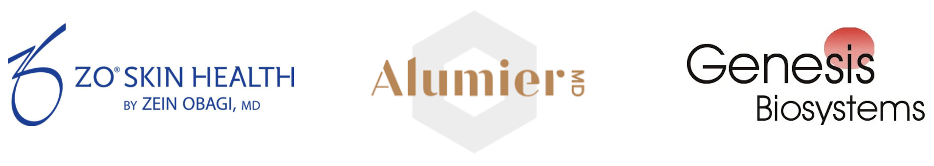 ZO Skin Health, Alumier and Genesis logos