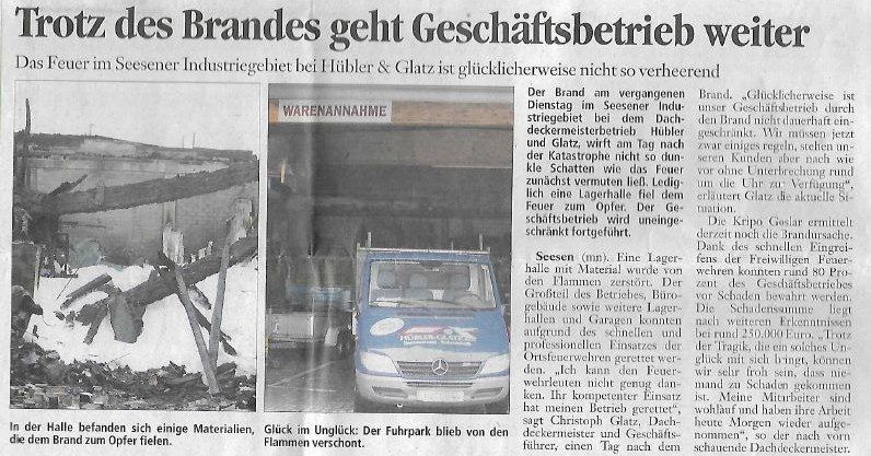 Zeitungsartikel „Trotz des Brandes geht der Geschäftsbetrieb weiter“