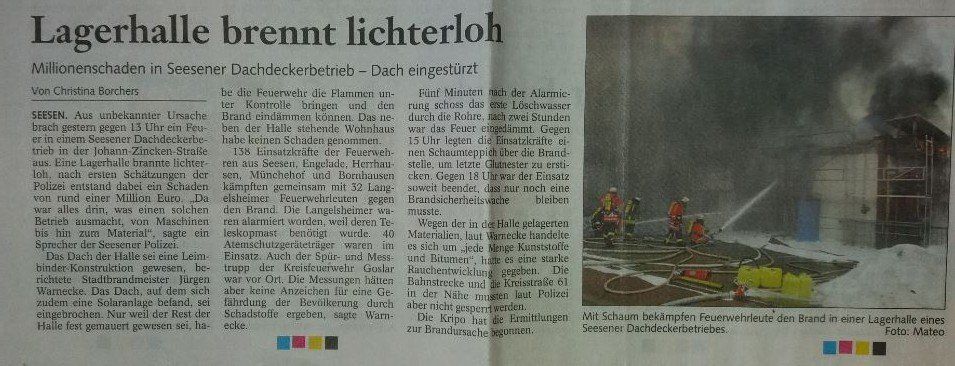 Zeitungsartikel „Lagerhalle brennt lichterloh“ mit Dachdeckerei Hübler und Glatz GmbH