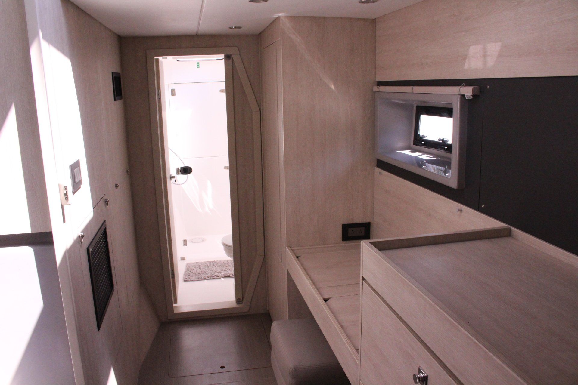 A room with a door and a window in it