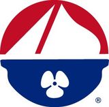 A red white and blue logo with a flower in the middle