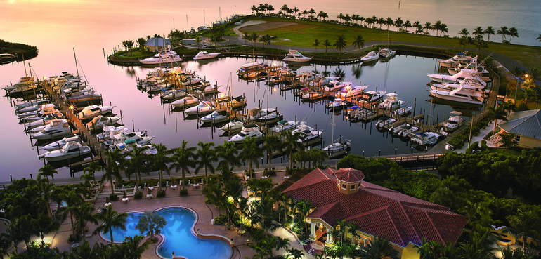 An aerial view of a marina with boats docked and a pool