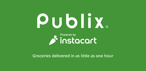 The logo for publix is green and white and says groceries delivered in as little as one hour.